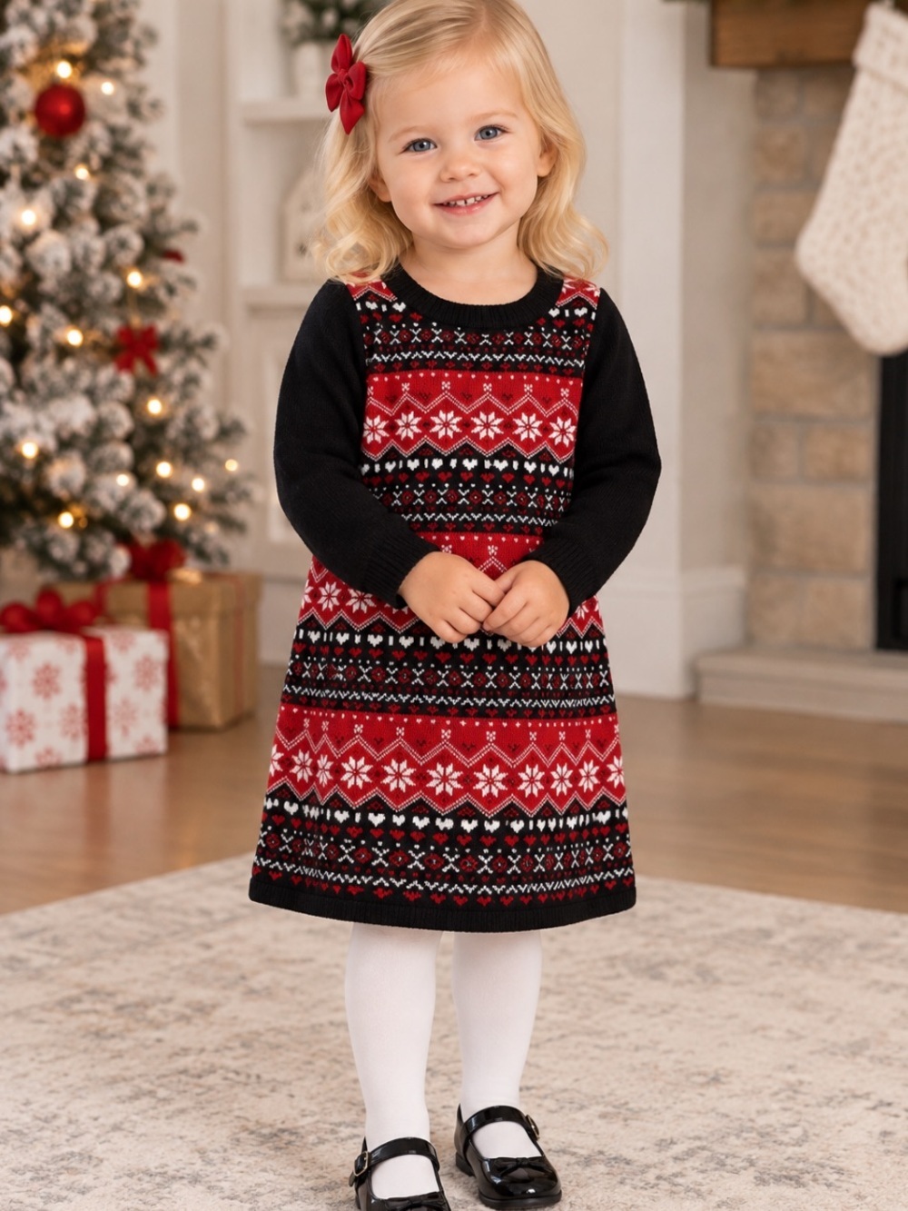 Koala Kids Girls Knit Dress Black & Red Nordic Print 2T